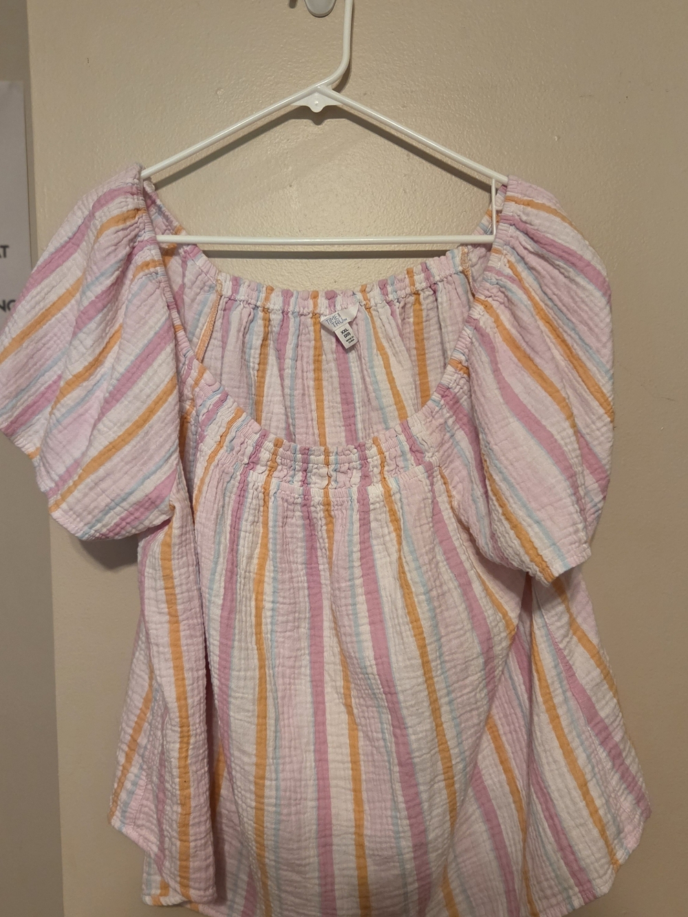 Time and Tru Striped Puff-Sleeve Smocked Top in Pink, Yellow and Cream
